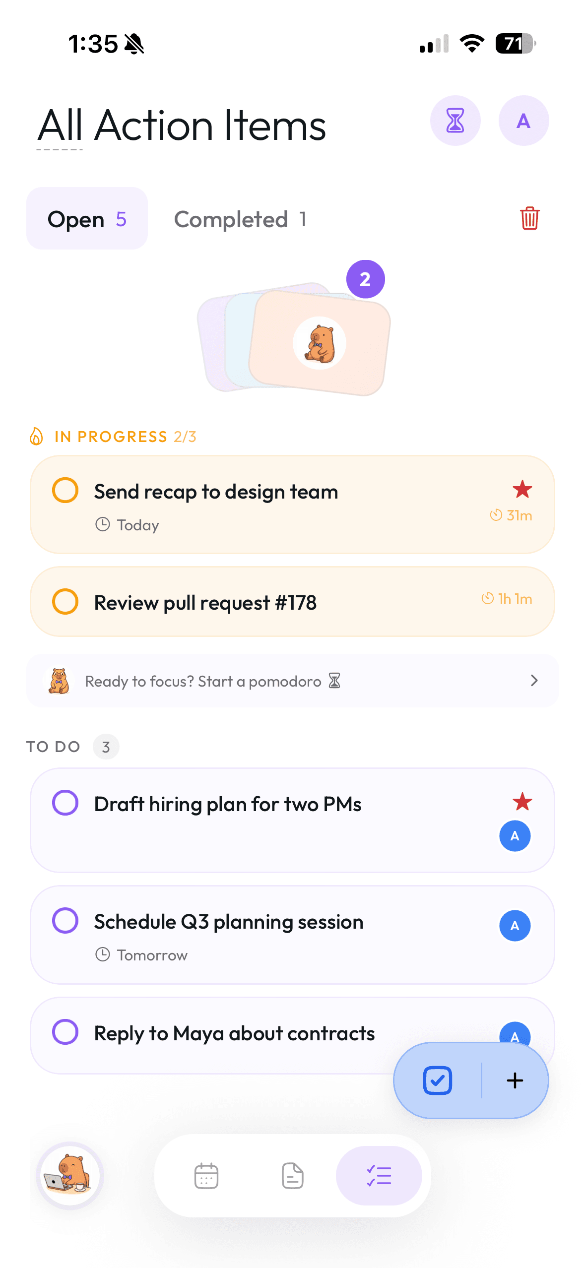 Pique mobile action items — In Progress and To Do