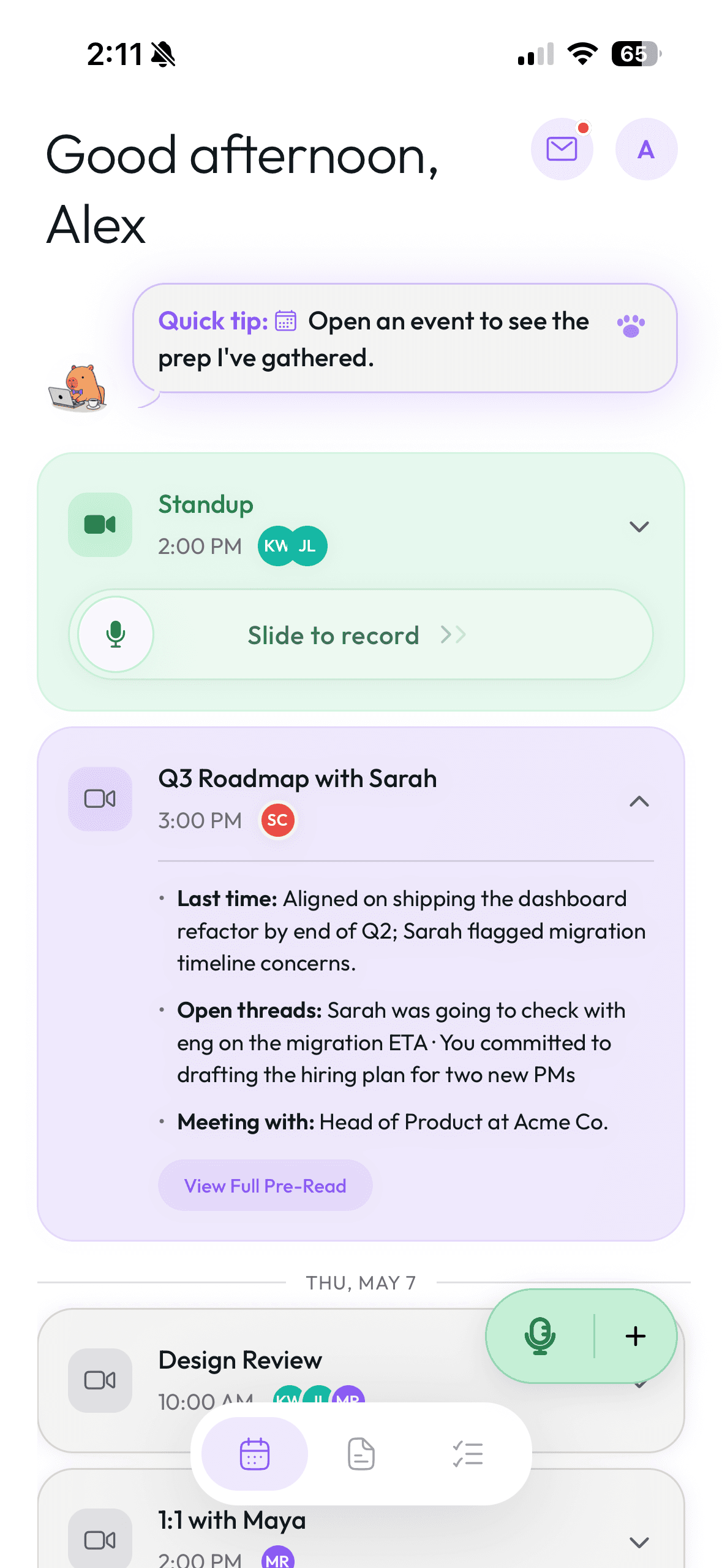 Pique mobile events feed with inline pre-read