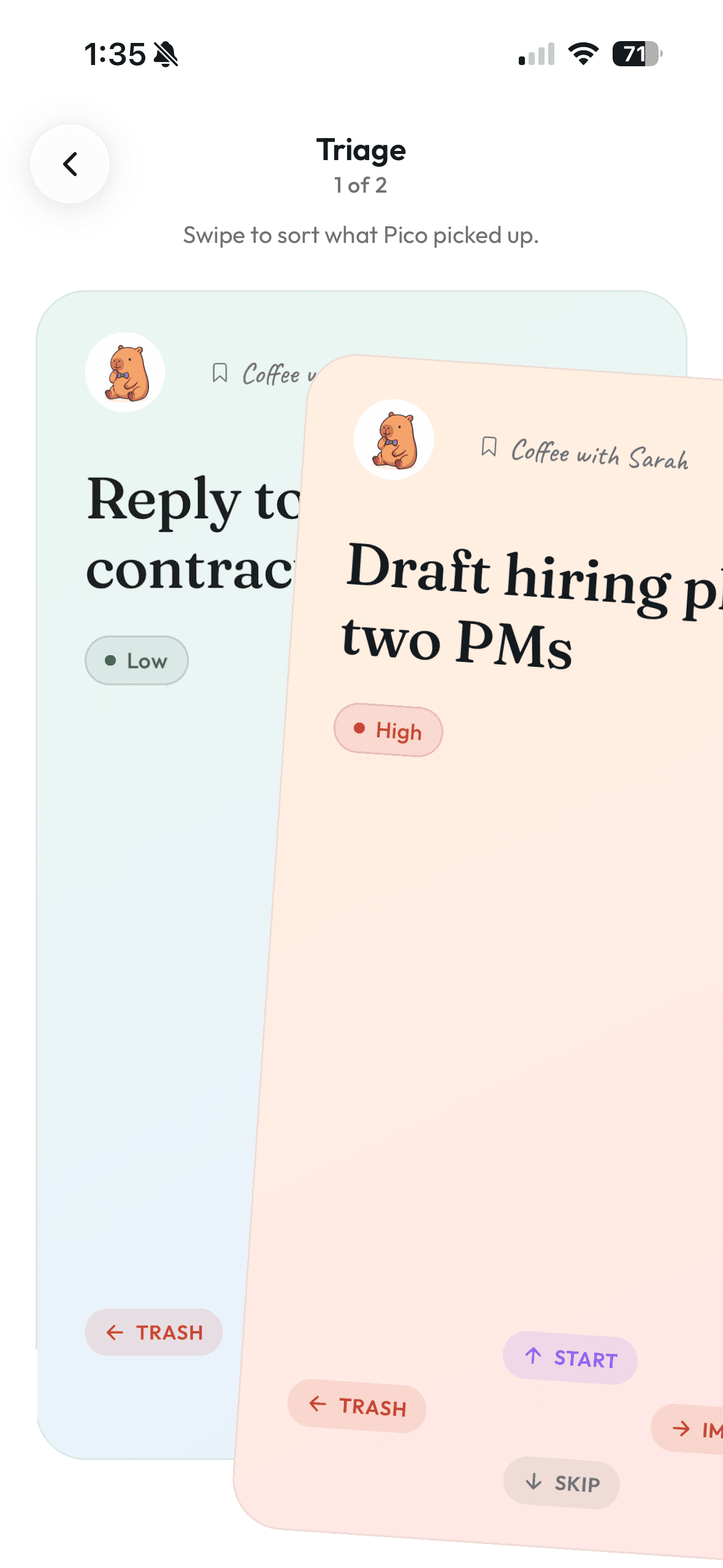 Pico's triage swipe interface for action items